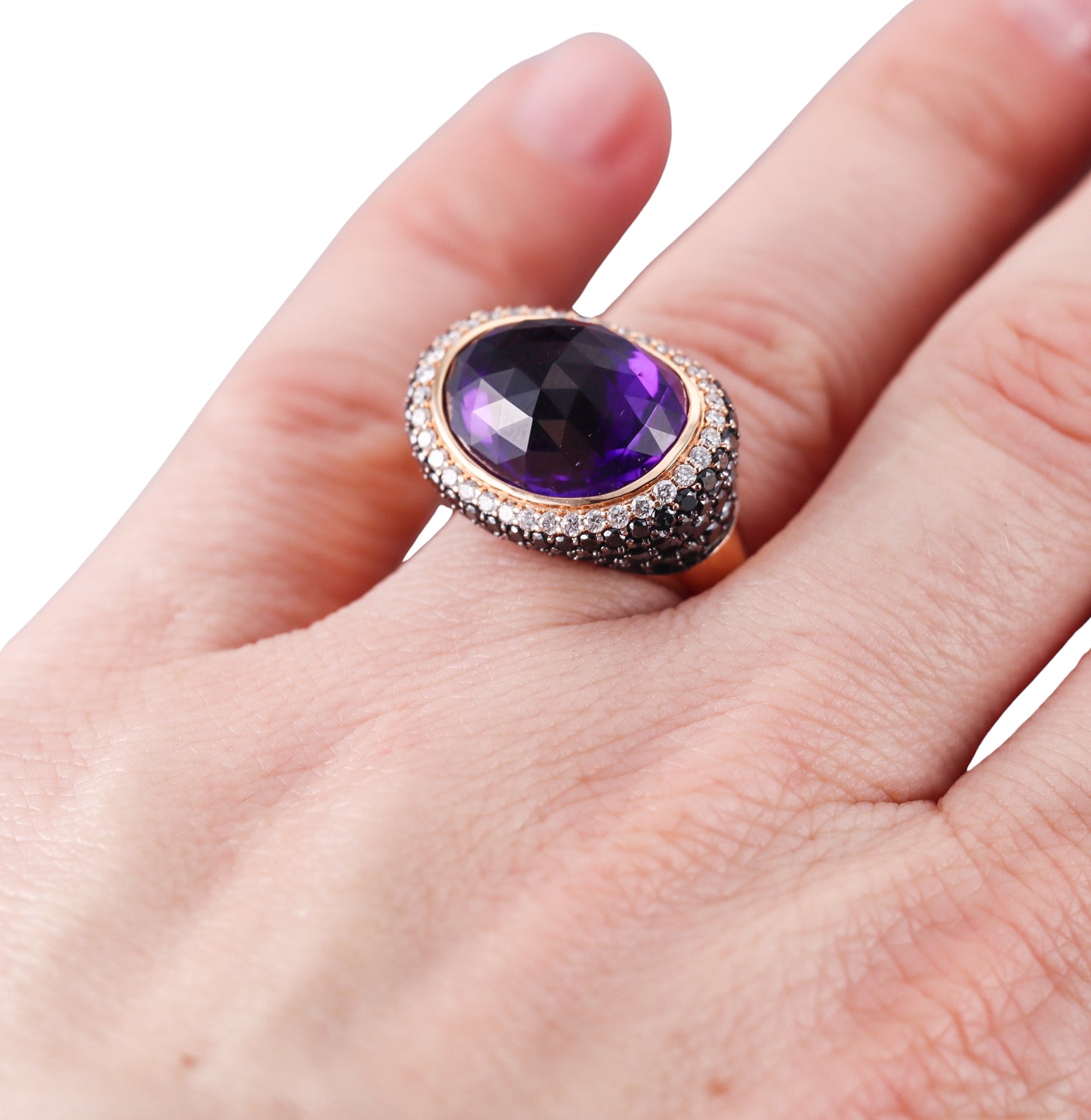 Bonato Black White Diamond Amethyst 18k Yellow Gold Cocktail Ring
