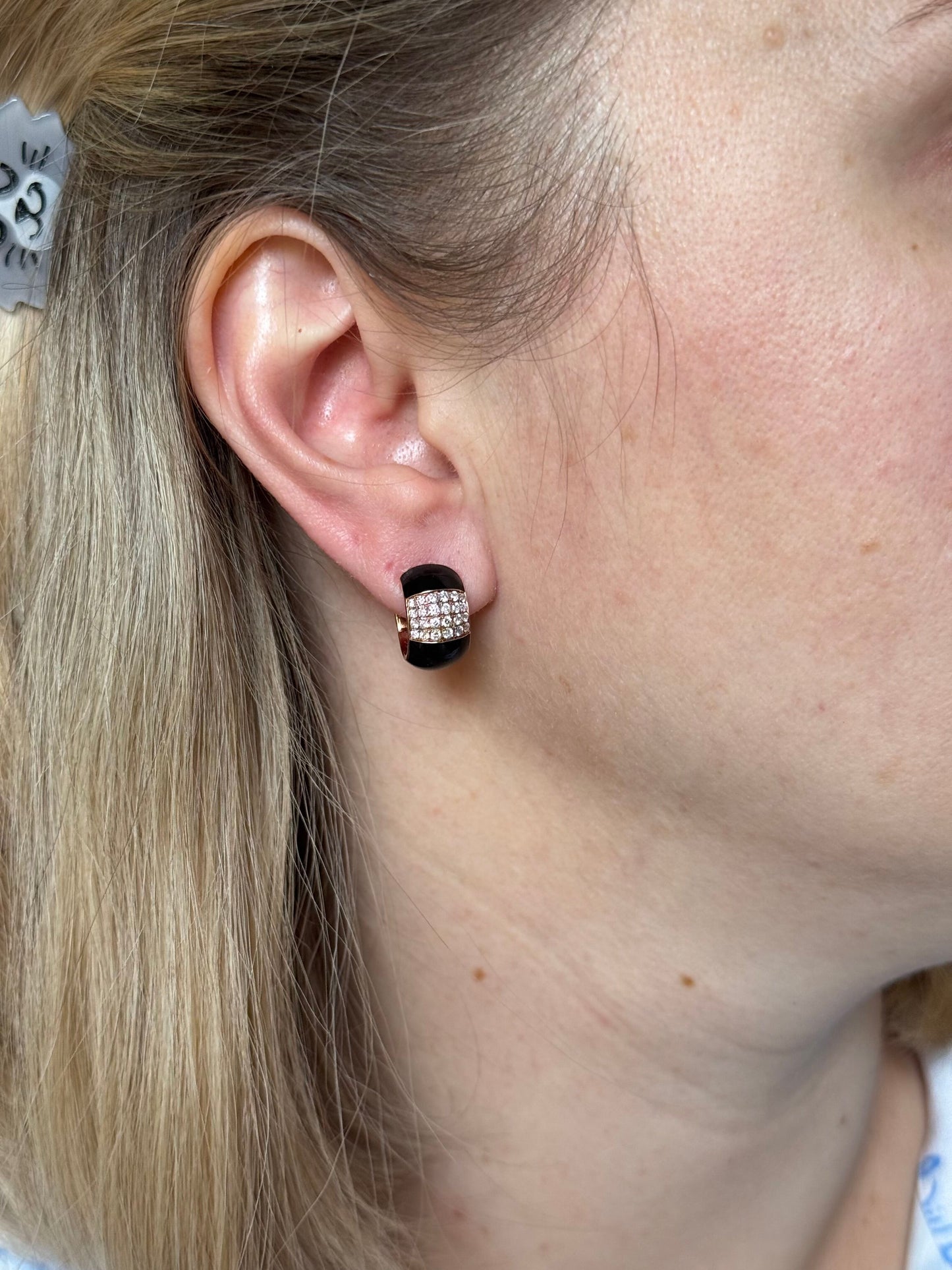 Bonato Diamond Black Enamel 18k Rose Gold Hoop Earrings