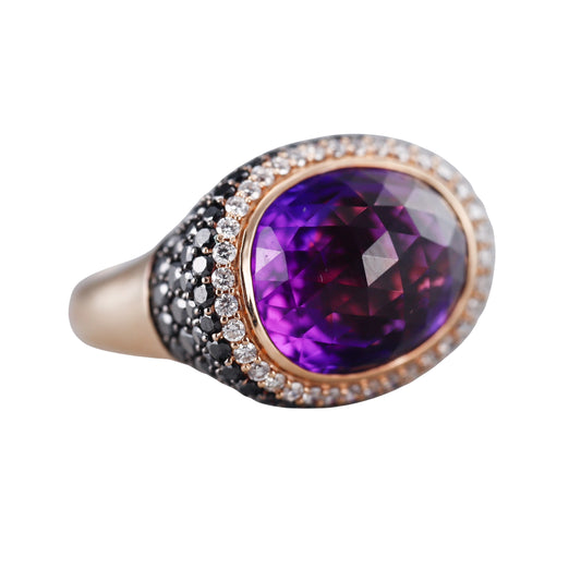 Bonato Black White Diamond Amethyst 18k Yellow Gold Cocktail Ring